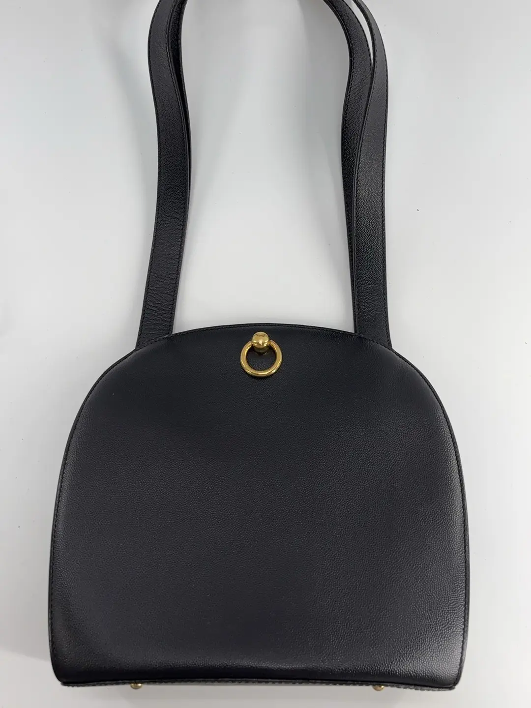 Pre-owned Celine Vintage Black Grain Leather Round Gold Ring Lock Dome Shoulder Handbag