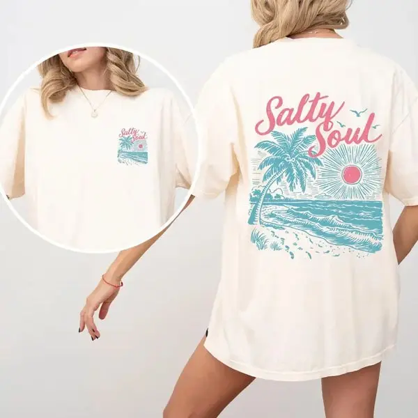 [SALE 60%] Salty Soul Beach Sunset T-Shirt – Palm Tree Ocean Wave Graphic Tee, Summer Vacation Cream Oversized Shirt for Women