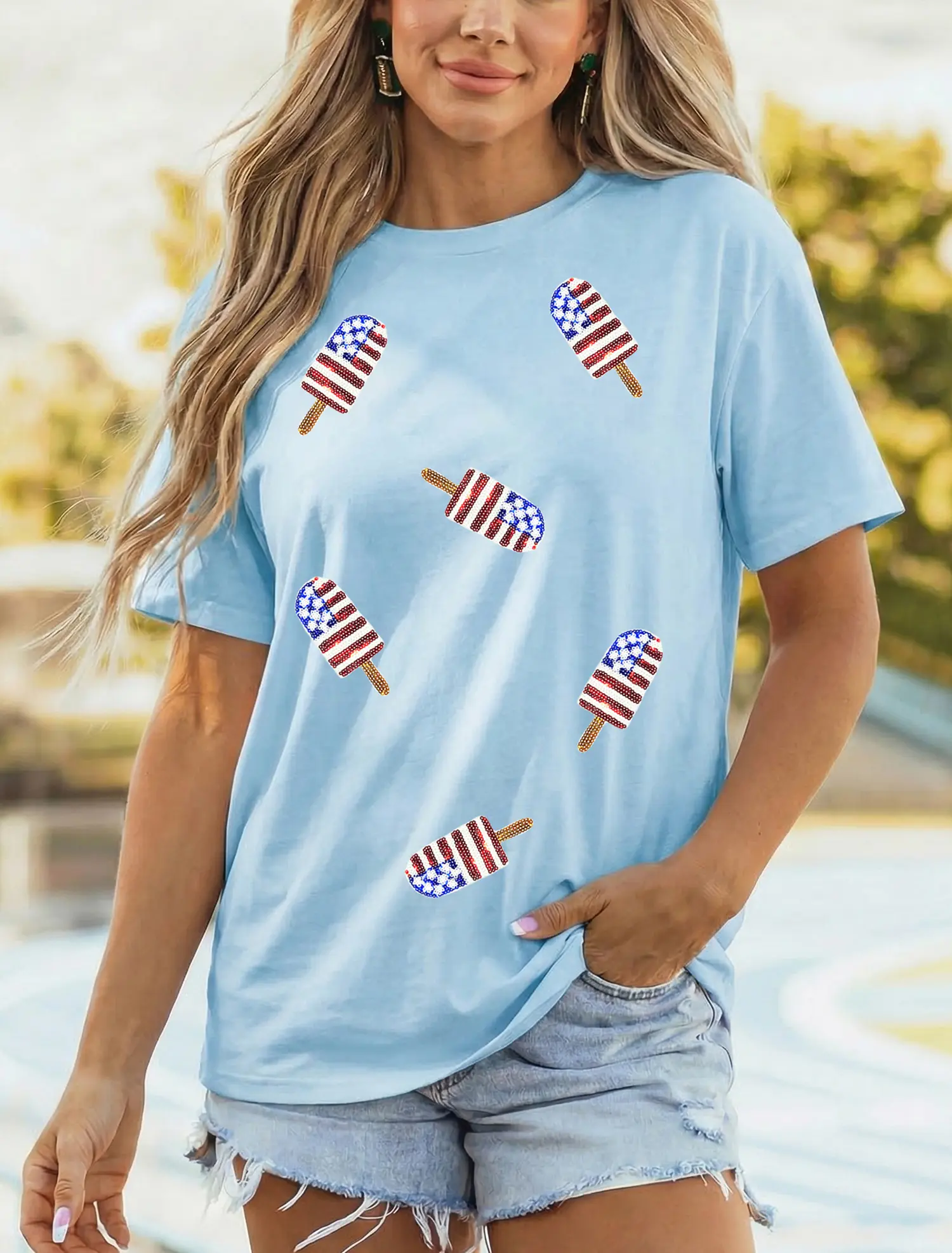 Patriotic Sequin Popsicle T Shirt,  Classic T-Shirt Silhouette With a Round Neck and Cuffed Sleeves.