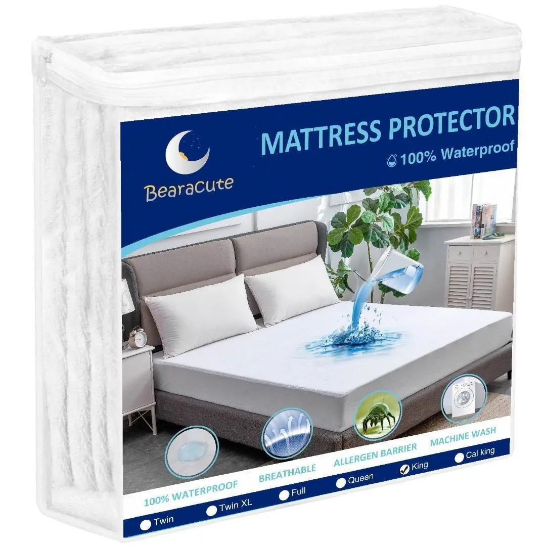 Bearacute 100% Waterproof Cotton Terry Mattress Protector - King Size Fitted Sheet with Stretchable Pockets, White