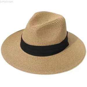 Unisex European-American Style Straw Panama Hats, Flat-Brim Jazz Design Sun Protection Headwear for Summer Travel, Outdoor Activities