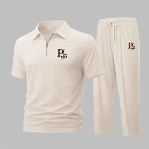 Men’s Color Block Letter Graphic Waffle Knit Polo Shirt and Pants Set – Modern Multicolor Print Short Sleeve Zip-Up Collar Polo and Jogger Set, Lightweight Breathable Comfortable Casual Sportswear for Travel, Daily Wear