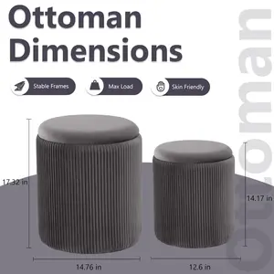 Round Modern Ottoman with Storage Footrest Set Of 2 Multifunctional Upholstered Velvet Vanity Stools for Makeup Ottoman Coffee Table Padded Seat for Living Room & Bedroom(Grey, Crease Lines)