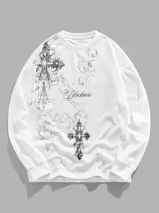 Men's Gothic Cross Print Waffle Knit Pullover Sweater, Casual Fitted Style, Spring & Fall Fashion, Comfortable Daily Wear, Knitwear