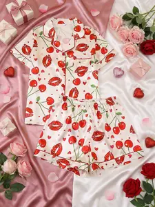 Lips Cherry Print 2-Piece Pajama Set, Button Front Short Sleeve & Elastic Shorts, Heart Pattern Homewear, Perfect Valentine's Gift
