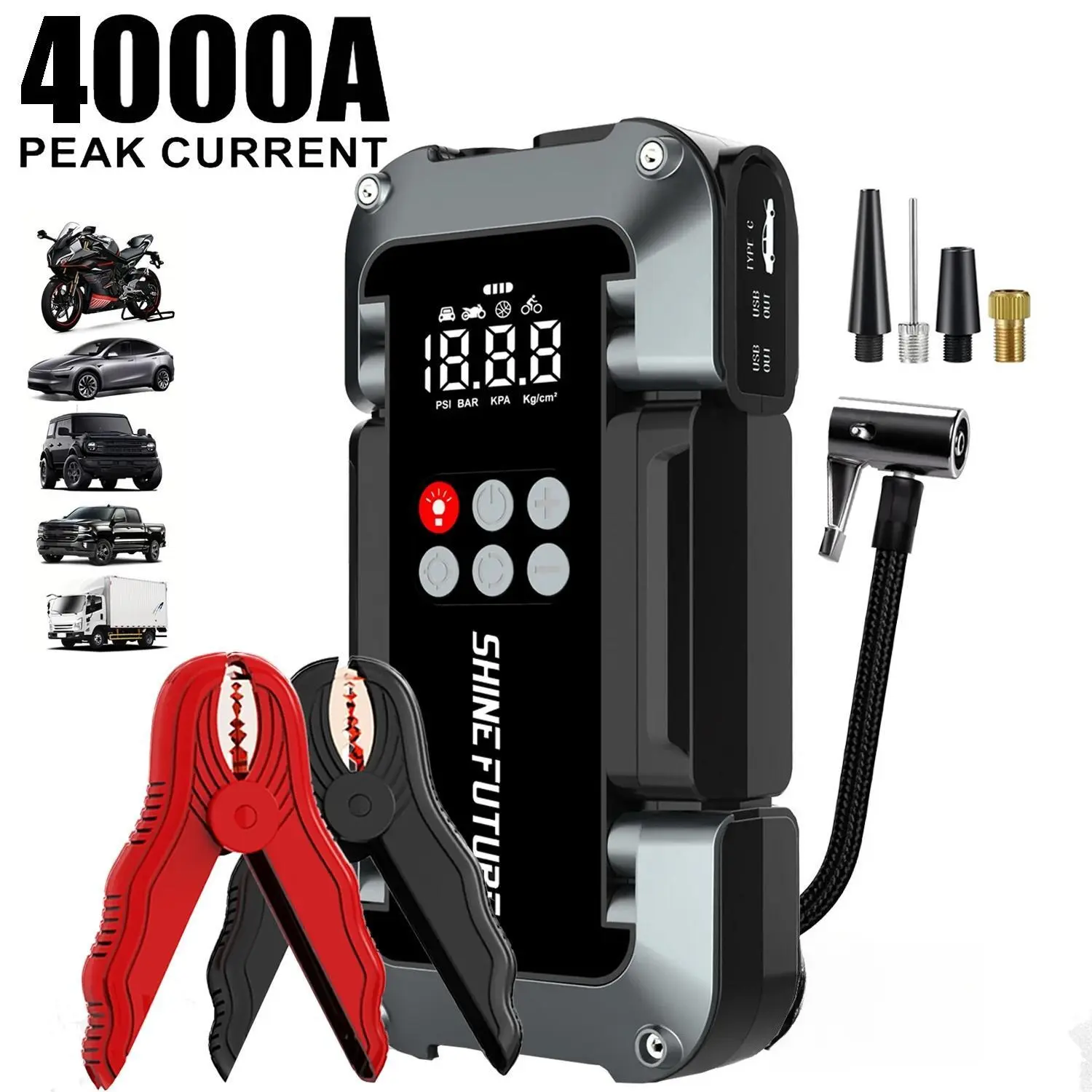 4000A Peak Current Ultra-Safe Jump Starter – Starts all 12V battery vehicles. Features 150 PSI air compressor, 18W fast charging, tire pressure check, and LED light. Includes jumper cables, air hose, and 4-in-1 charging cable