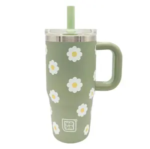 YAYA My First Travel Tumbler for Preschool & Kids 3+, Insulated Stainless Steel Tumbler with Reusable Silicone Straw & Spill-Proof Lid, Cup Holder Compatible, BPA-Free, 12oz, Daisies