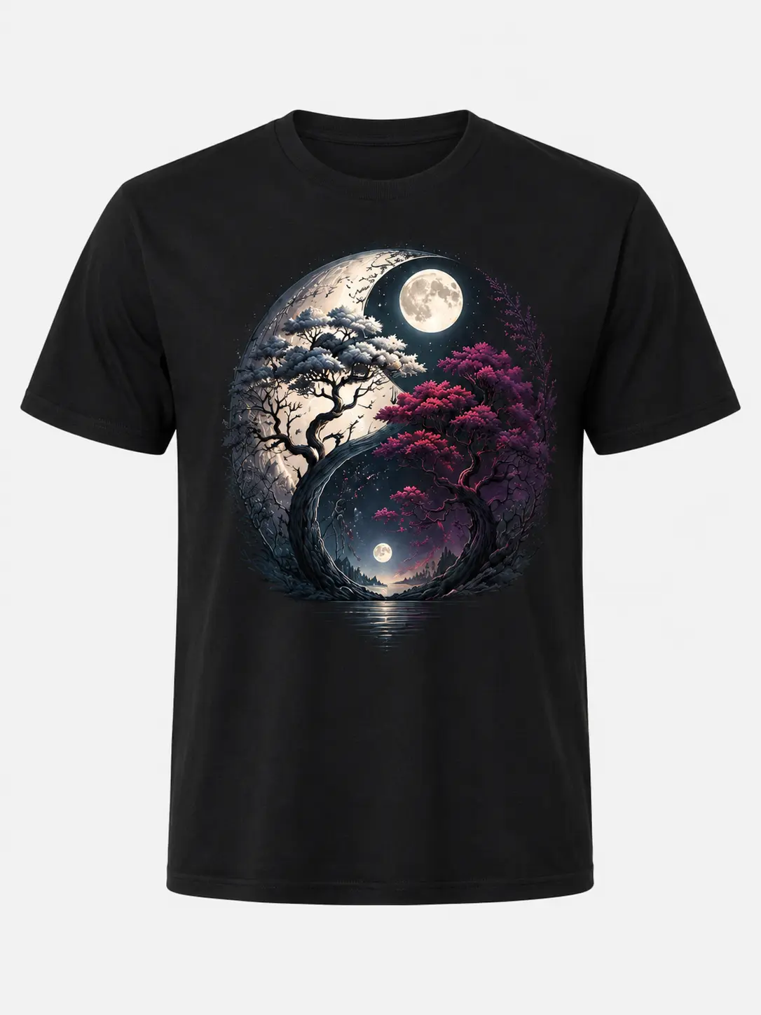 Plus-size Yin-Yang nature-inspired pattern loose T-shirt - striking black T-shirt decorated with a double tree design, incorporating elements of the moon and flying birds, ideal for nature lovers and outdoor enthusiasts, a great choice for casual summer w