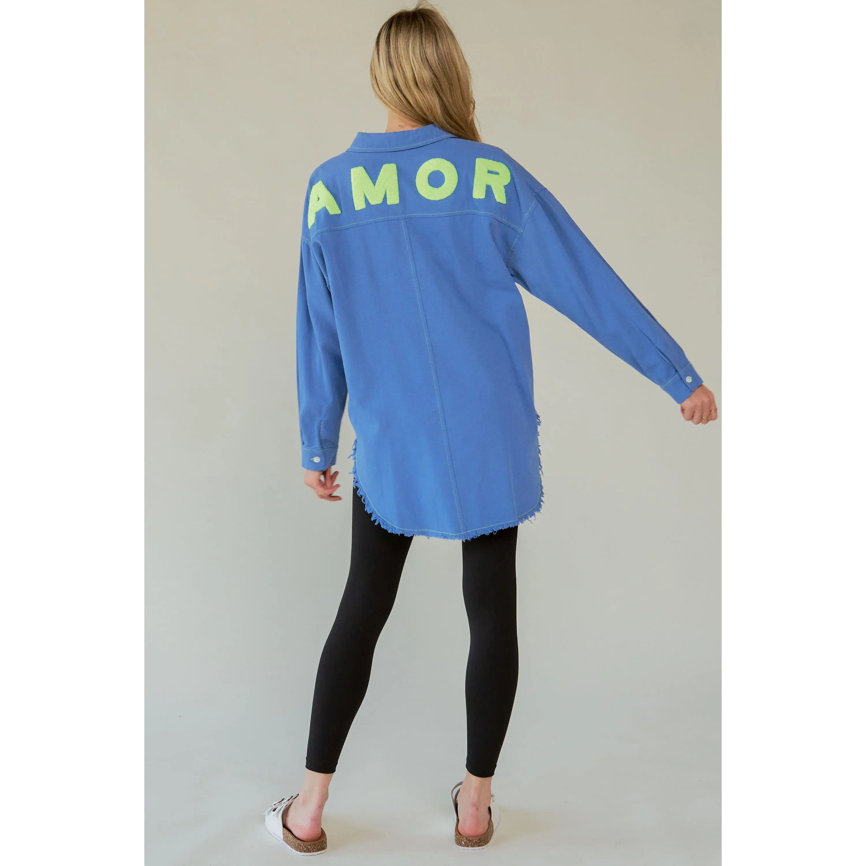 Davi & Dani Letter Back Raw Hem Half Button Shirt