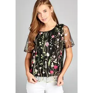 Floral Print Embroidered Top with Sheer Sleeve