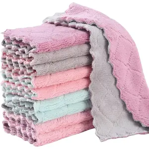 10Pack Kitchen Cloth Dish Towels,Super Absorbent Coral  Dishtowels,Nonstick Oil Washable Fast Drying,Double-Sided Dish Towel, for Table Dish Glass Pet Paw(5Colors)