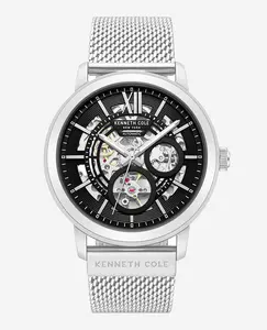 Skeleton Automatic Black Dial Stainless Steel Mesh Strap Watch