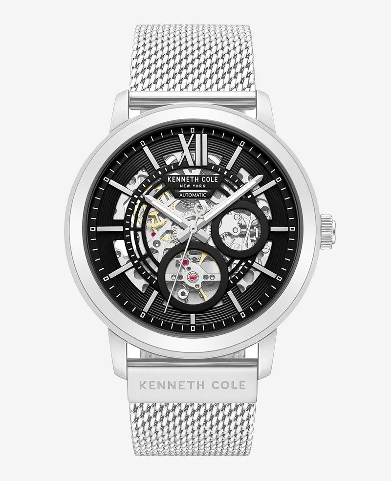 Skeleton Automatic Black Dial Stainless Steel Mesh Strap Watch