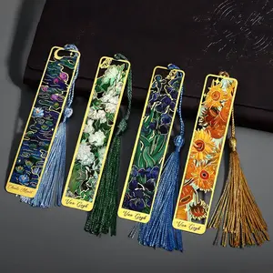 4 Pieces Metal Bookmarks with Tassels,Oil Painting Theme Aesthetic Golden Bookmarks with Tassel for Reading Women Man Book Lovers Writers Adult Children Teens pretty  bookmarks