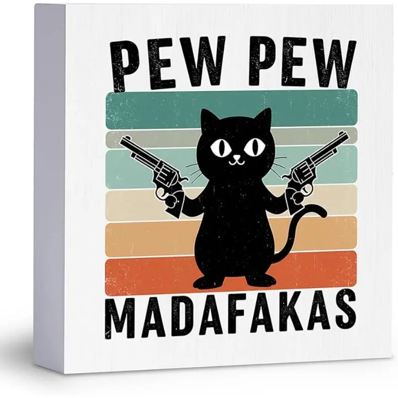 Funny Black Cat Wood Sign Box, Pew Pew Madafakas Retro Vintage Wooden Block Sign, Crazy Cat Decoration for Office Desk Decor Home Table Shelf Wall 5x5 inch