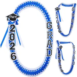 Graduation Leis Class of 2026 1 Pcs Grad Ribbon Double Braided Necklace with Graduation Cap 2026 GRAD Patches Handmade Leis Grad Gifts for Graduates Senior College Students Daughter Son Friends Couples for Graduation Ceremony Party Celebration