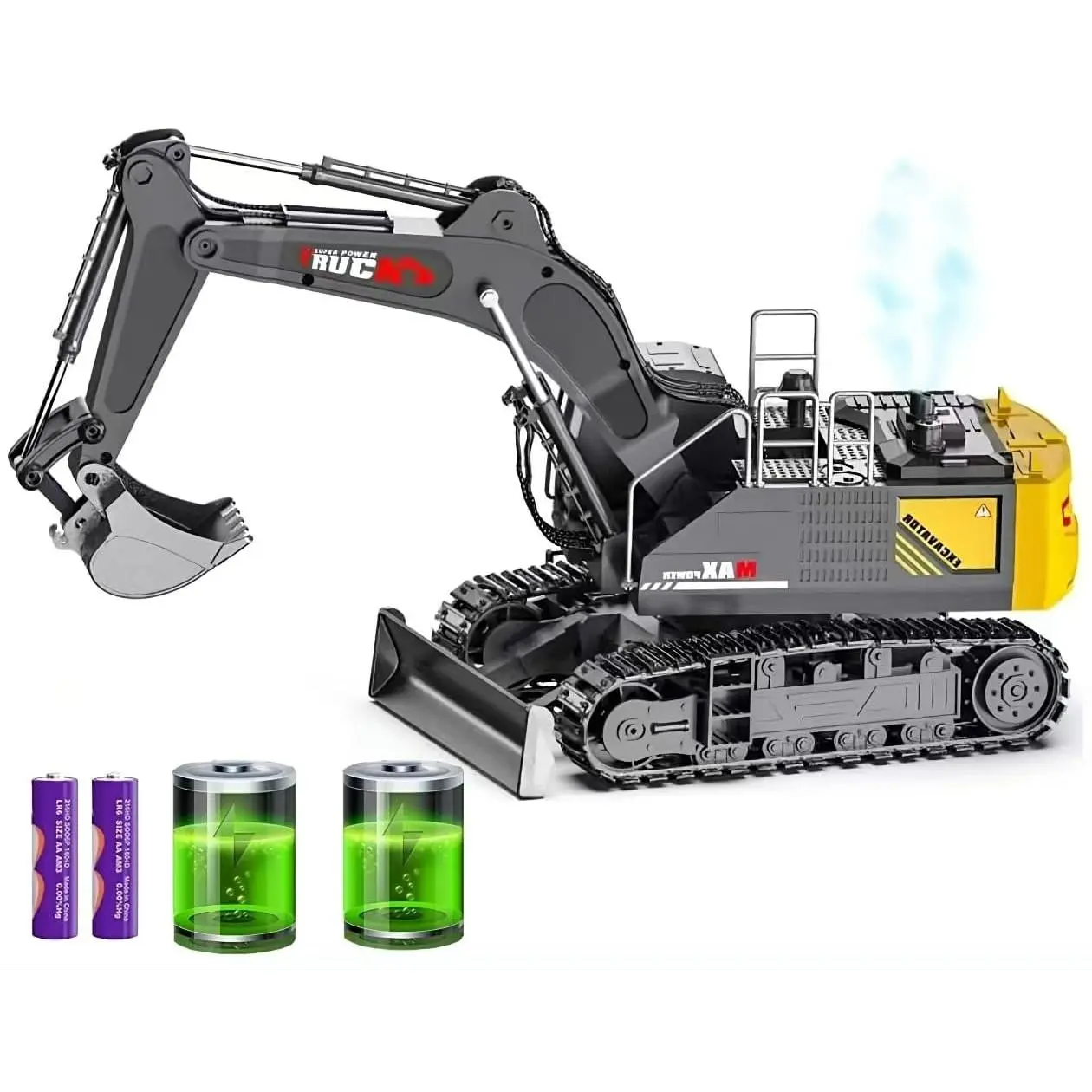 15 Channel RC Excavator with Metal Shovel Construction Toy for Boys Adults Over 3 with Simulated Smoke Sound Lighting
