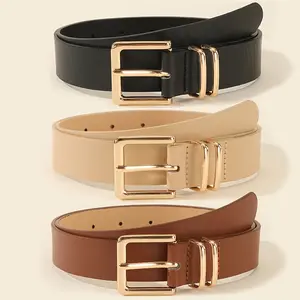 Women’s three-piece set everyday multifunctional belts: classic gold square buckle women’s belt with dual fixed rings; adjustable, versatile belt suitable for jeans, dresses, casual wear, and activewear; available in multiple neutral colors that fit most