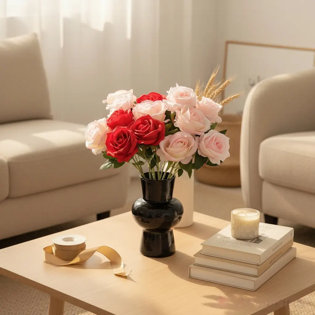 Single Stem Rose Artificial Flowers Faux Botanical Arrangements for Wedding Decor Living Room Centerpiece Dining Table Displays Luxury Floral Styling Eco-friendly Recyclable Silk White Fruit Plants Ornaments