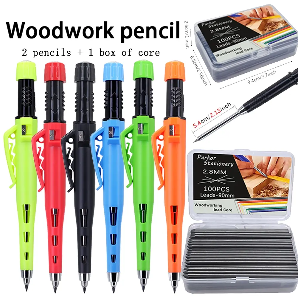 55mm extended nose tip version, professional 2.8mm deep hole woodworking pencil, suitable for architects as a marking tool (including 2 pencils and 1 box of pen refills), fine writing tool