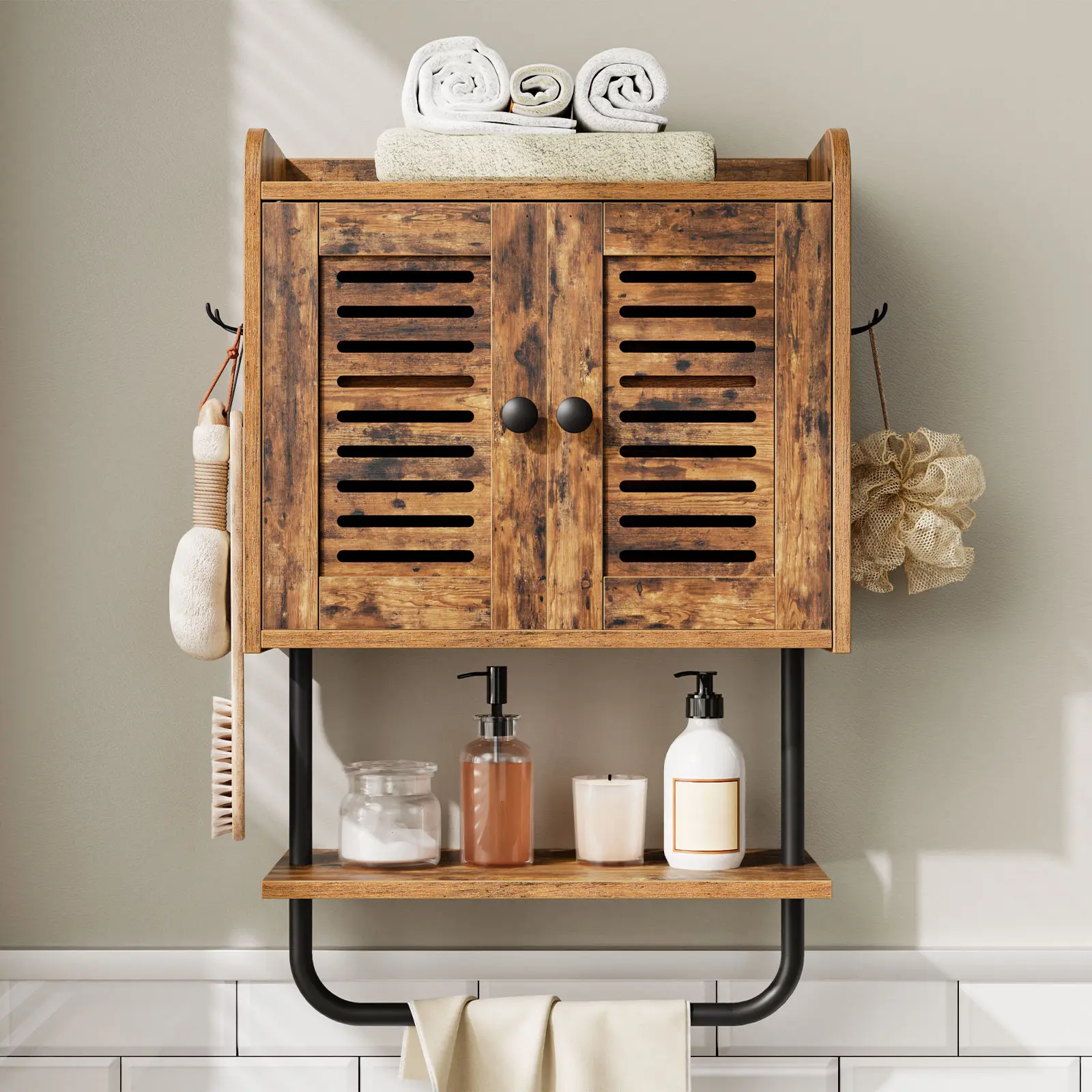 HOOBRO Double Doors Bathroom Wall Cabinet with Towel Bar, Adjustable ...