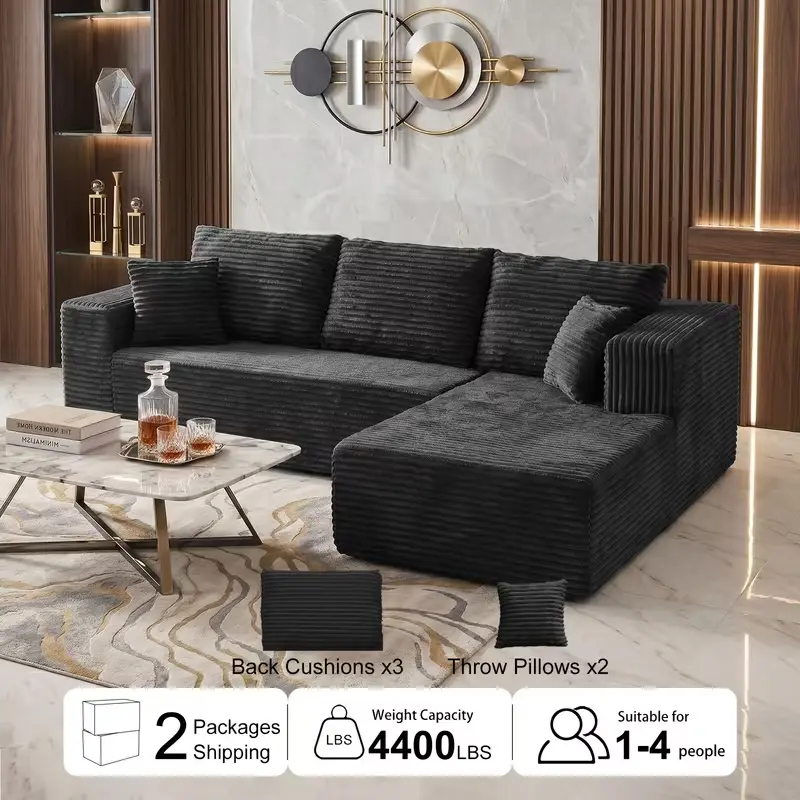 L-Shaped Corduroy Modular Sectional Sofa Set with Foam Cushions, Chaise Lounge, 2 Throw Pillows, No Assembly Required, Versatile Use for 3-4 People, Cloud-Like Comfort for Living Room Bedroom Indoor Furniture