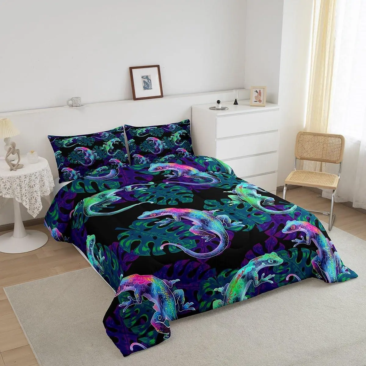 Feelyou Purple Green Lizard Gecko Reptile Queen Bedding Set - Exotic Wildlife Animal Comforter Quilt for Kids' Room Decor, Bedding Sets, Queen Bedding Sets