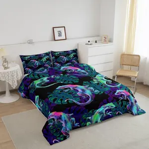 Reptile Comforter Set,Boys Girls,Purple Green Lizard Gecko Bedding Set,Wildlife Animal Room Decor,Exotic Creatures Lizard Comforter,Quilt
