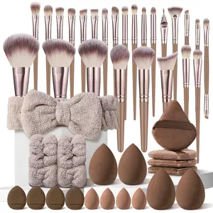 Brown Makeup Tool Set, Makeup Brushes Kits, 44Pcs Makeup Brushes Set Includes 25Pcs Synthetic Foundation Powder Concealers Eyeshadows Blush, 4Pcs Makeup Sponges, 4Pcs Mini Sponges, 4Pcs Triangle puff, Headband & Wristbands - for All Makeup Needs