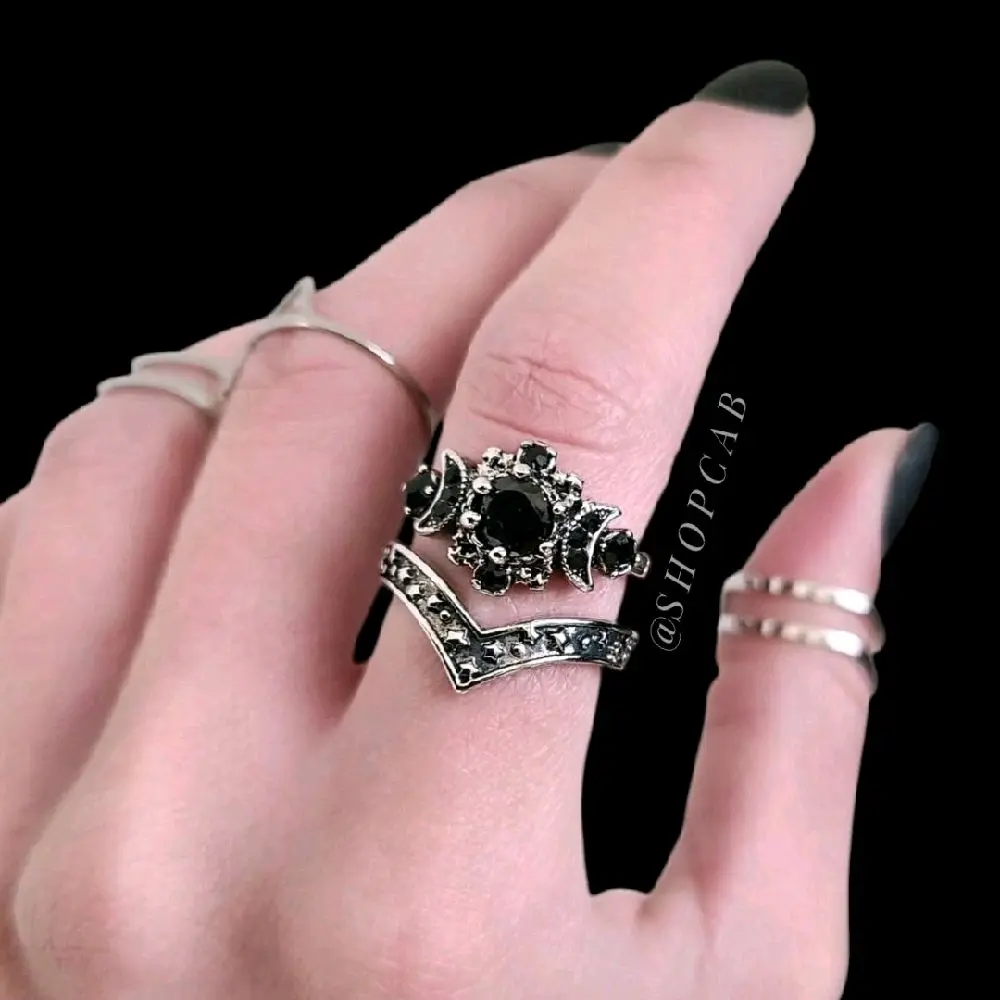 Black Crystal Triple Moon Ring Stack Set Black Crystal Triple Moon Ring Stack Set