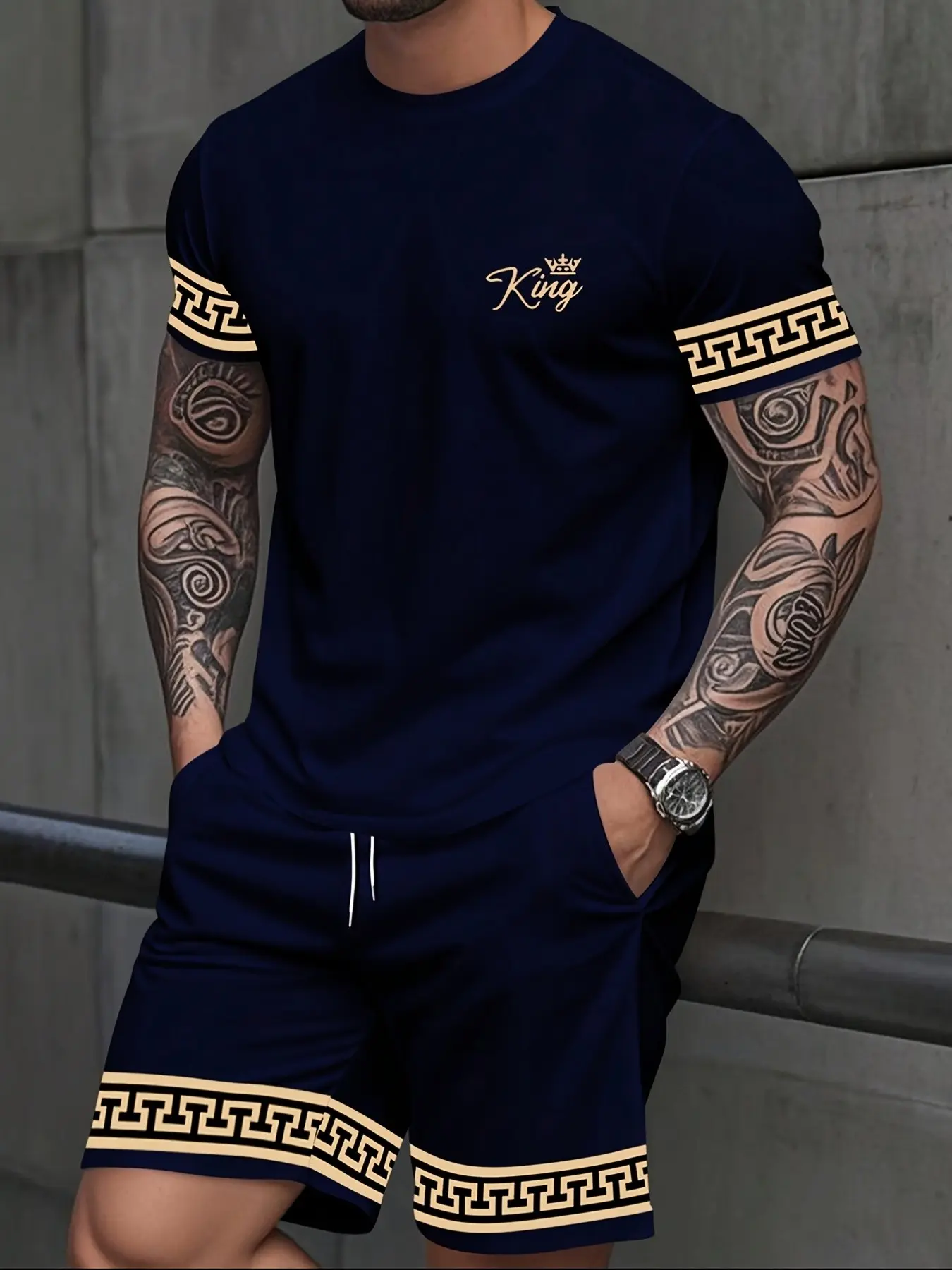 Men's Fashion Short Sleeve Set, Geometric Pattern, Casual Summer, Loose-Fitting Tee and Shorts