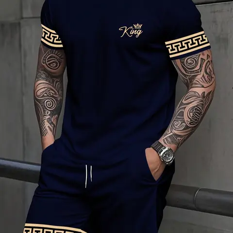 Men's Fashion Short Sleeve Matching Set, Geometric Graphic, Summer Casual Style, Loose-Fitting Round Neck Tee and Shorts