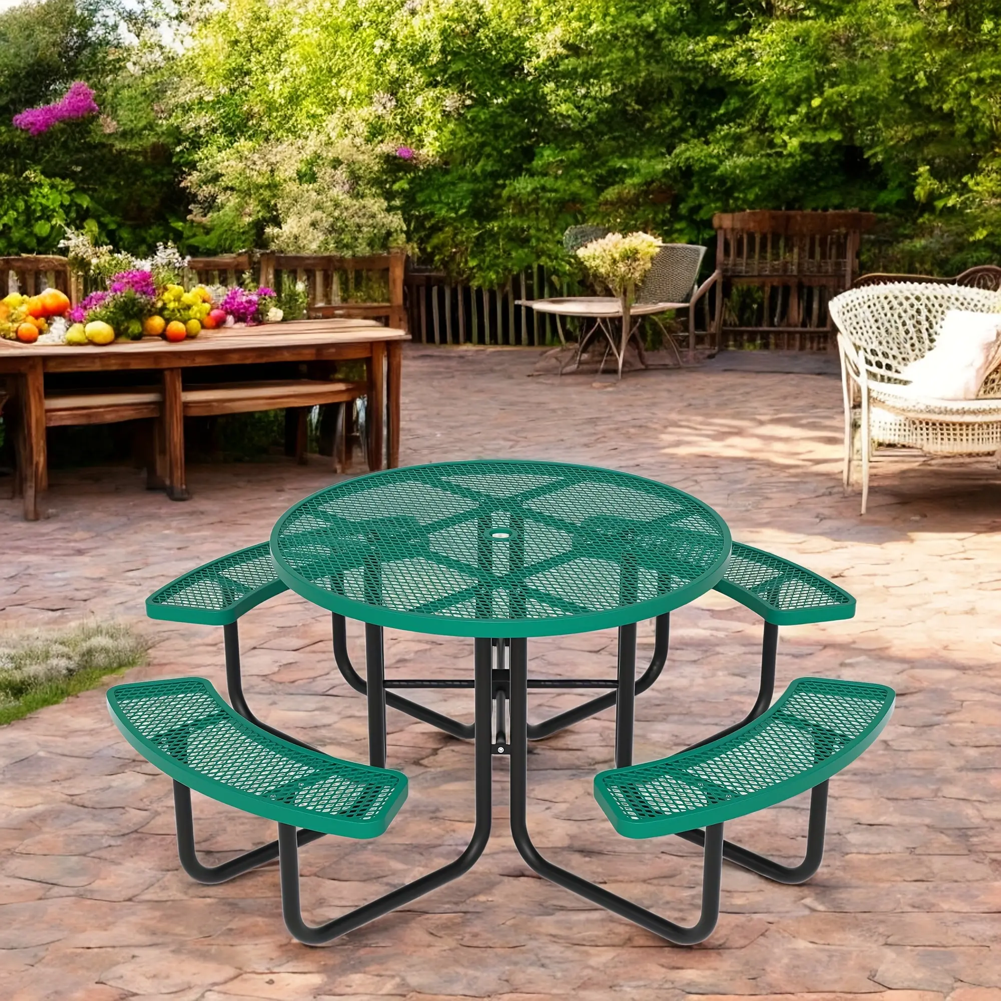 8-Person Heavy-Duty Metal Picnic Table with 2in Umbrella Hole for Outdoor, 46" Commercial Portable Outdoor Picnic Table And Chair Set, Round Expanded Picnic Table And Bench Set, Outside Patio Dining Furniture for Lawn, Garden, Park, Weather Resistant