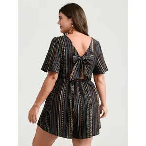 BLOOMCHIC Plus Size Bohemian Colorful Stripes Spandex Overalls Garment - Smooth Fabric, Short Sleeve, Back-Tie Bowknot Cut-Out, Flattering Fit, [M-6X]2026 Summer Vibes