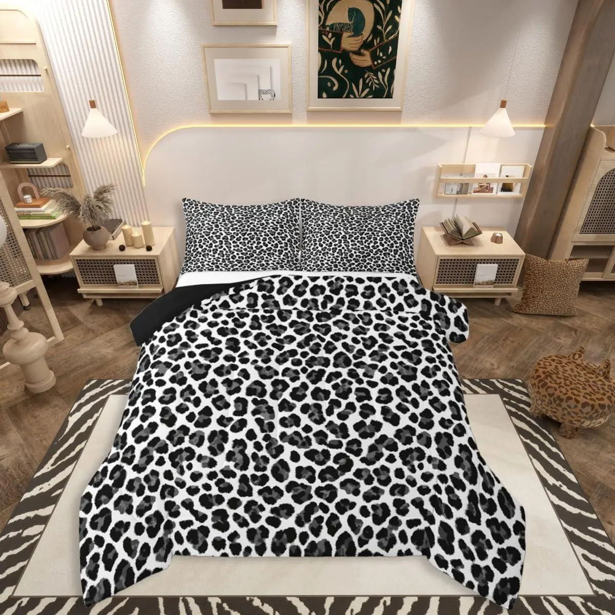 Black Leopard Bedding Set Soft for Boys Girls,Animal Print Comforter Set Cheetah Duvet Quilt Microfiber Safari Animal Fur Bedroom Decor
