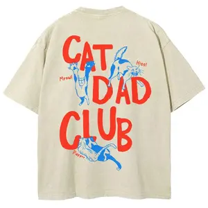 Cat Dad Club T-shirt, Unisex Casual Cotton Comfort Shirt, Vintage CrewNeck Acid Washed Oversized Drop Shoulder Heavyweight T-shirt, Baggy Workout Tops Short Sleeve Shirt