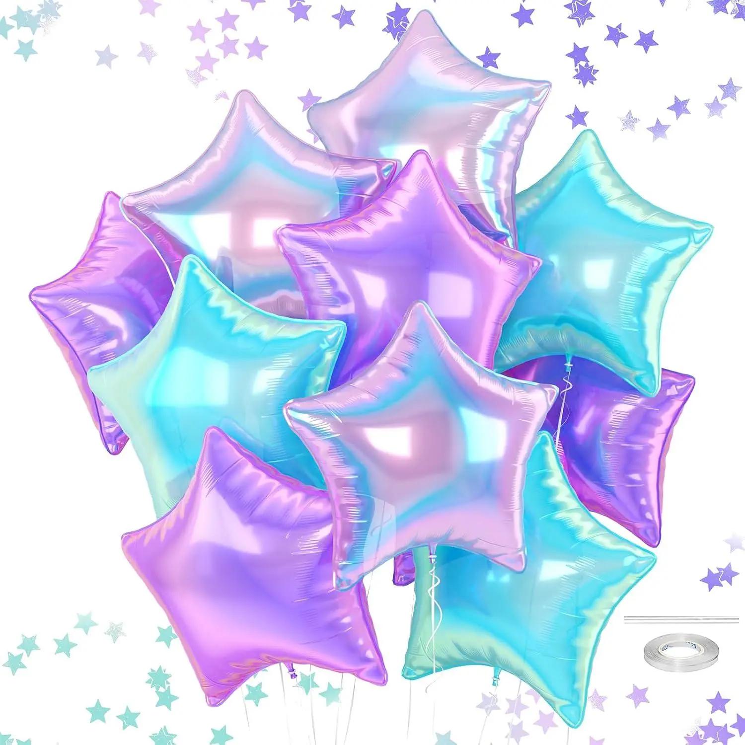 Iridescent Star Balloons, 18 Inches Transparent Crystal Star Balloon For Helium, Pack Of 10 Iridescent Pink Purple Green Clear Foil Balloons For Princess Birthday Baby Shower Mermaid Decorations
