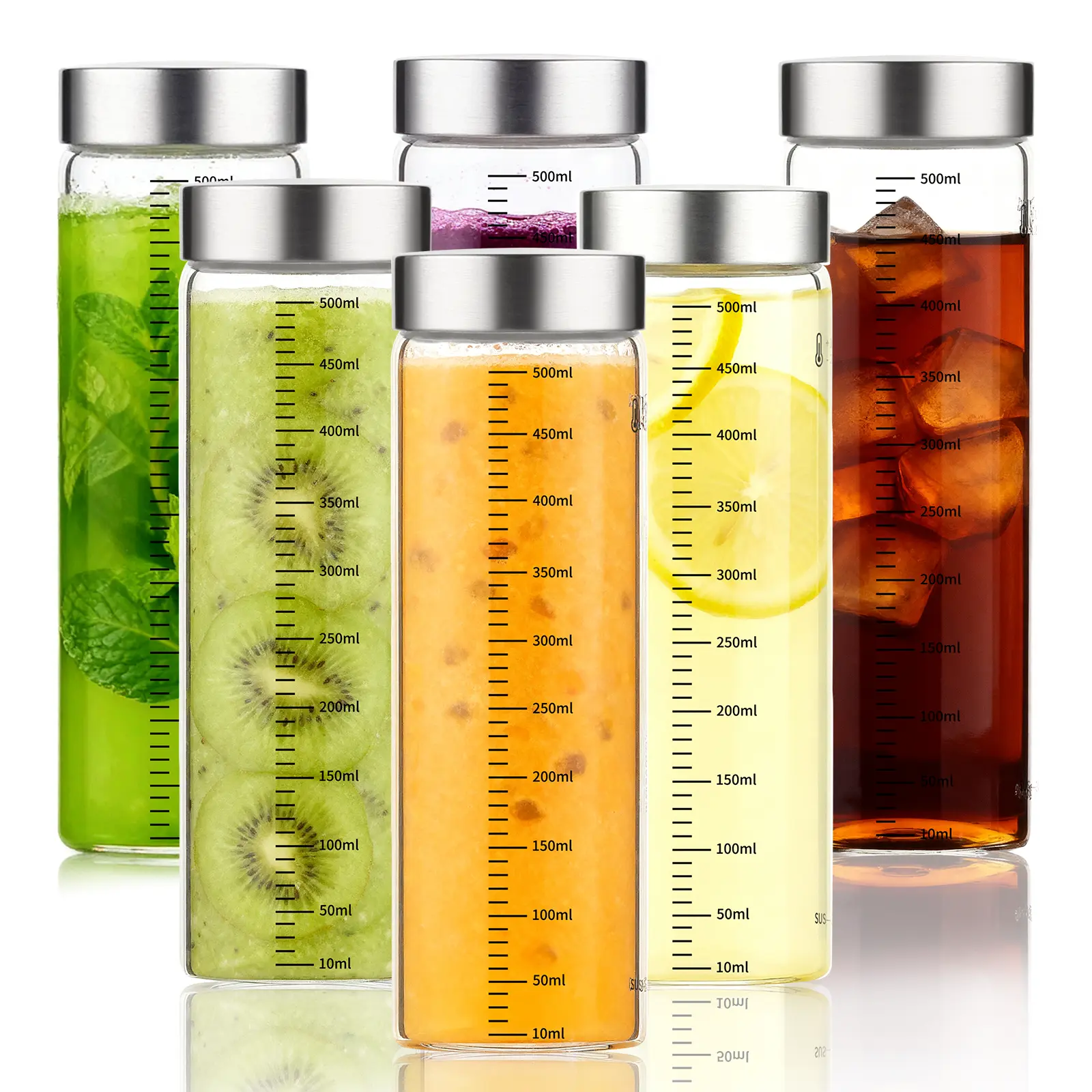 Glass Juice Bottles,  Wide Mouth Reusable Borosilicate Glass Water Bottles Leak-Proof Stainless Steel Lids, Food Grade Safe, Fits in Cup Holder Juice Containers for Juicing, Gym, Daily Use