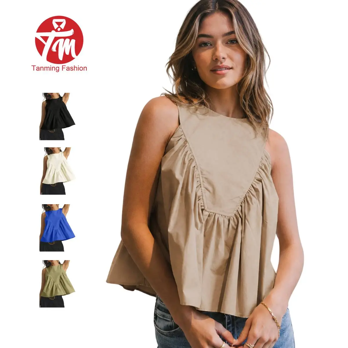 Tanming Women's Minimalist Breathable Stretchy Lightweight Basic Sleeveless Peplum Swing Tank - Loose Fit, Back Button, Ruffled Casual Blouse,summerwins