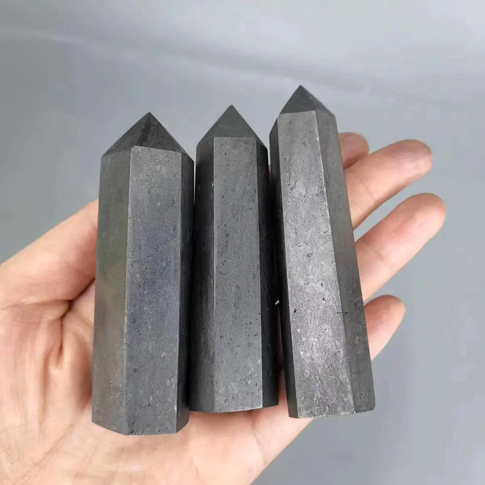 1Pcs Crystal Shungite Black Shungite Tower Quartz Point Wand 8-9cm