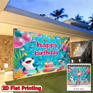 2D FLAT Banner, 1pc Cartoon Birthday Sharks Colorful, Polyester home decoration background banner, suitable for living room, bedroom and other indoor and outdoor decoration, a perfect gift for parties and festival celebrations
