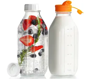 32 oz Reusable Glass Milk Bottles with Silicone Dispenser Cap, 2 Pack Glass Jars with Airtight Screw Lid, Leak Proof Juice Bottles with Scale Mark Breastmilk Storage Container for Fridge