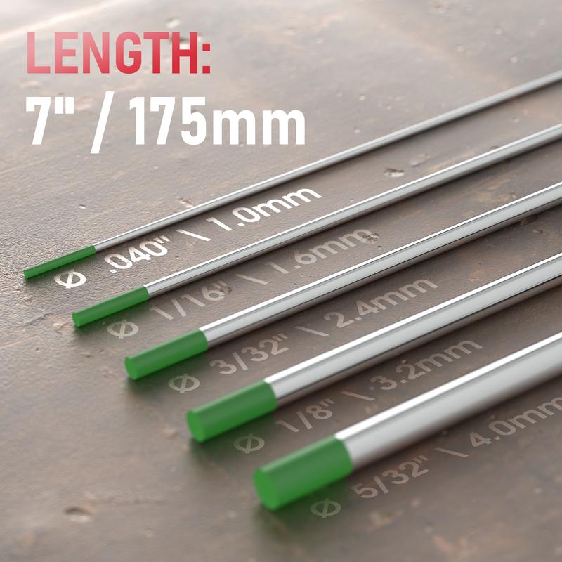 YESWELDER TIG Welding Tungsten Electrode - Pure Tungsten .040" 1/8" 1/16" 3/32" x 7" (Green, EWP) 10-pk