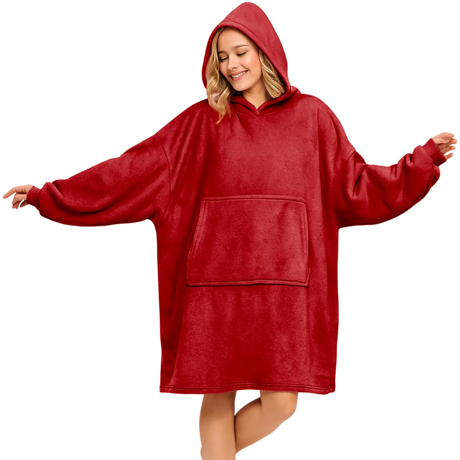 Women's Red Hooded Shawl-Style Wrap, Flannel Hooded Blanket Jacket with Pockets, Fluffy Shawl, Comfortable and Warm Blanket for Adults, Makes a Great Gift for Anyone—Unisex
