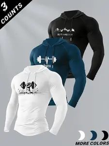 3-Pack Men's Long Sleeve Hooded T-Shirts, Letter Print Graphic Pattern, Casual Home Wear, Outdoor Athletic Activities, Lightweight Durable Basic Top, Activewear