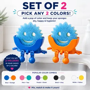 Set of 2 Cute Hanging Sponge Holders with Drainage – Pick Any 2 Colors, Keeps Your Sponge Dry & Smiling, For Scrub Daddy Holder, Funny Sponge Stand for Kitchen Sink, Countertop Sponge Holders