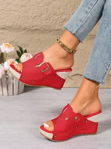 Rattan High Heel Sandals, Buckle Rivet Design, Beach Vacation Footwear, Casual Above Ankle Shoes, PU Upper, Rubber Sole