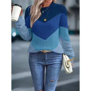Women's Simple Round Neck Long Sleeve Knit Pullover Sweater, Autumn Winter Casual Colorblock Print Sweater, Perfect for Daily Commute