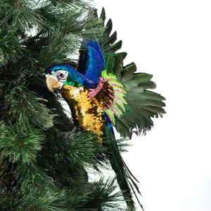 Sequin & Feather Large Blue & Green Parrot Bird Tree Topper Ornament