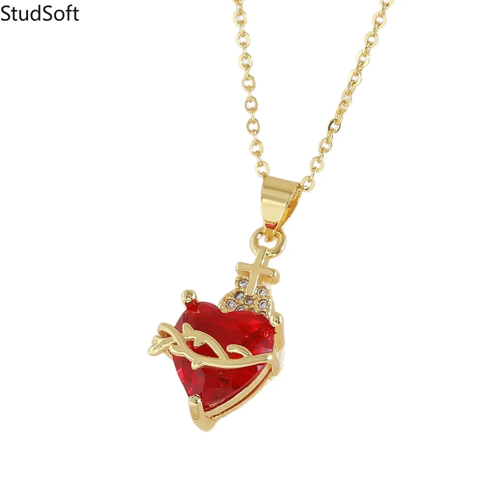 Women's 2026 New Heart Shaped Pendant - Sacred Heart Thorn Crown Cross Necklace, Gold-Tone Red Crystal Gothic Religious Faith Jewelry, Ideal Gift for Sports & Outdoor Enthusiasts